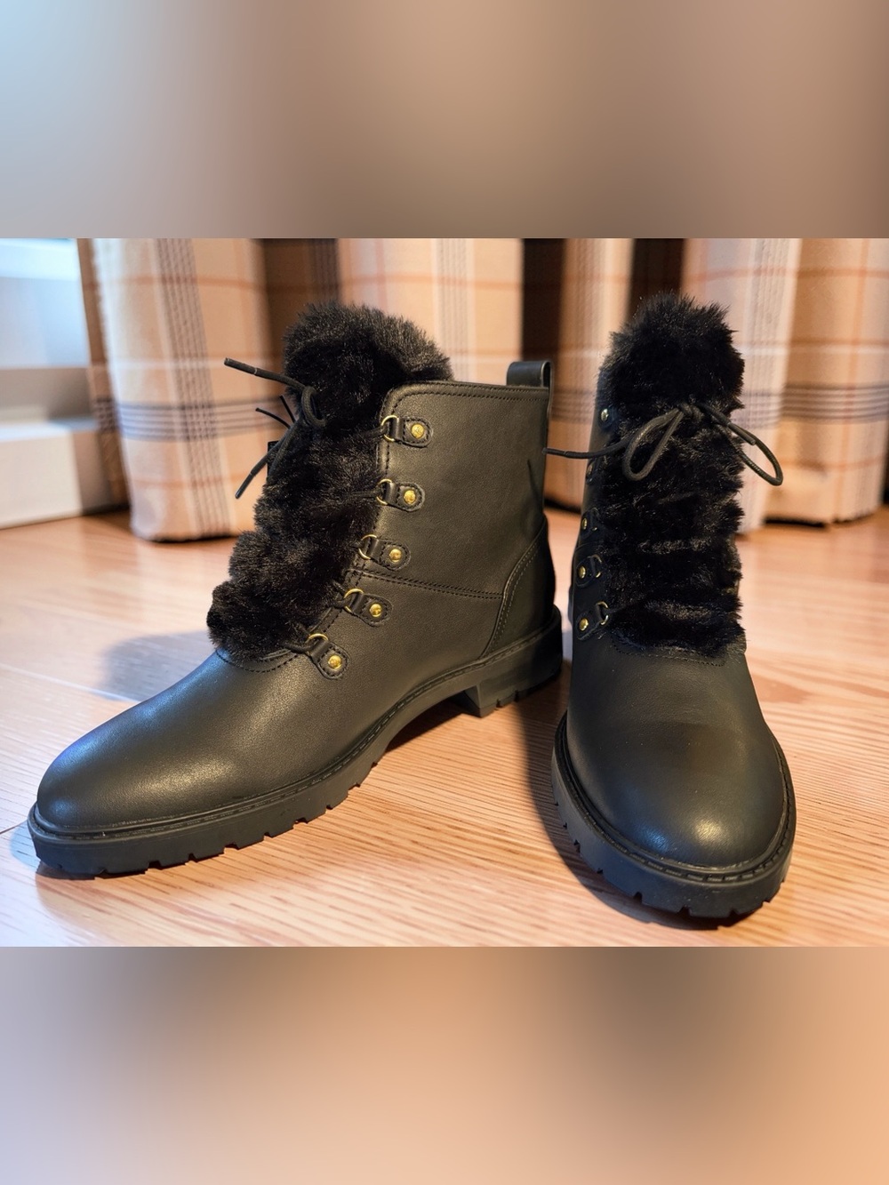 Lauren Ralph Lauren NWT Sz 11 Elliot Black Leather Faux Fur Lace-Up Boots SH449